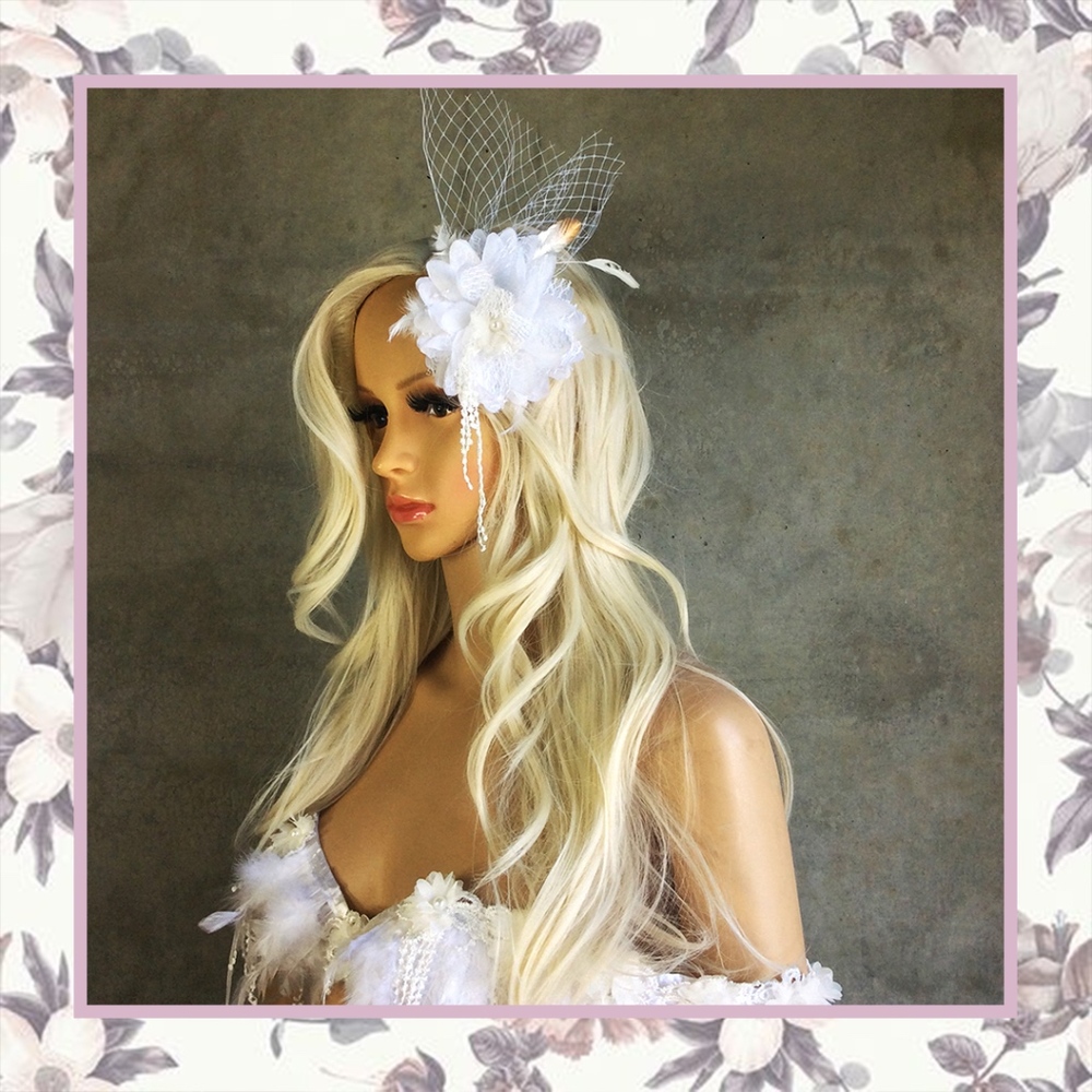 🌸 FLOWER FASCINATOR PINUP BRIDE BOHO WEDDING CLIP FLORAL HAIR PIECE WHITE BOHO